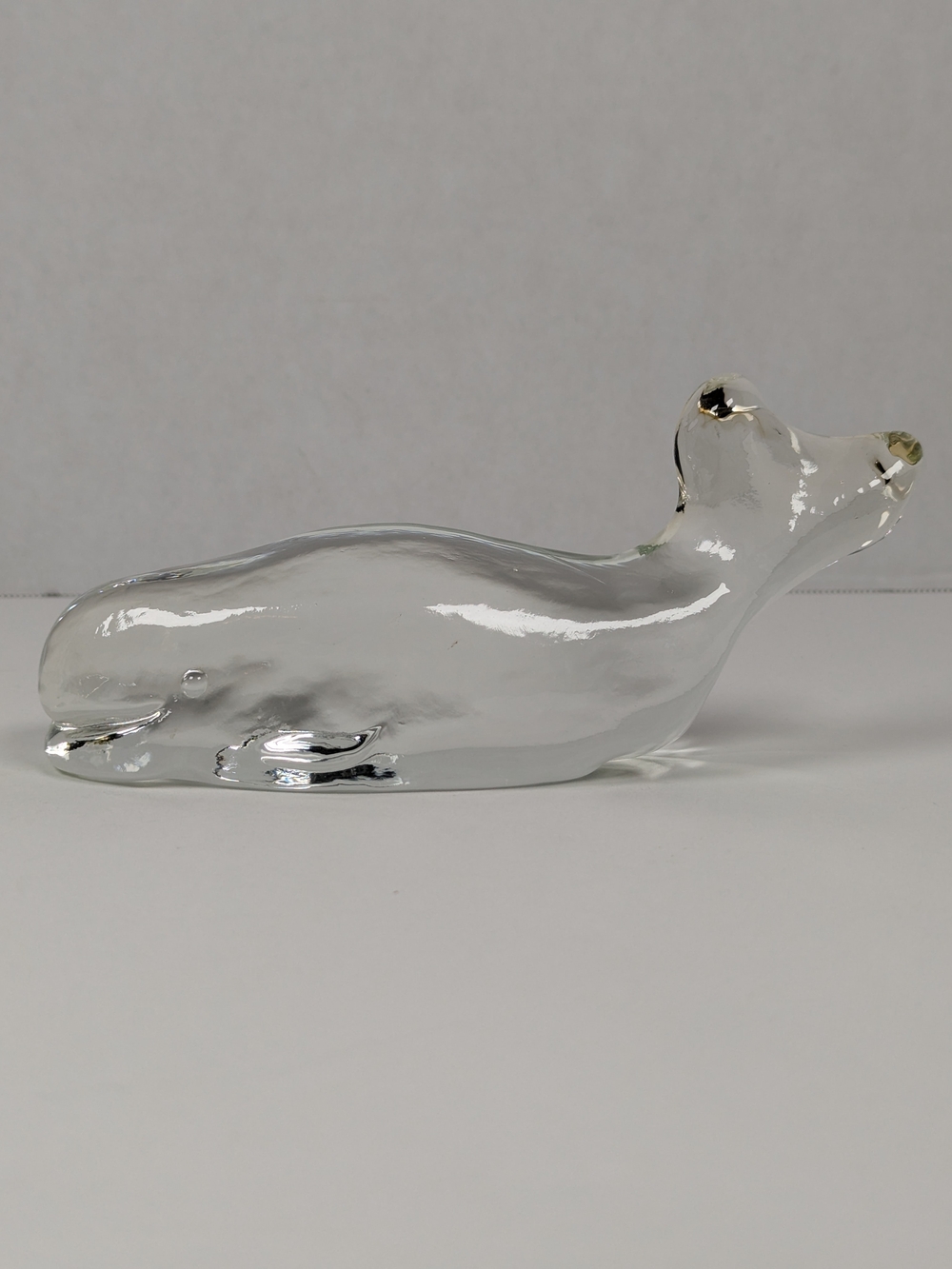 VTG Art Glass Beluga Whale Figurine Clear Glass Silver Finish 7.5" Paperweight